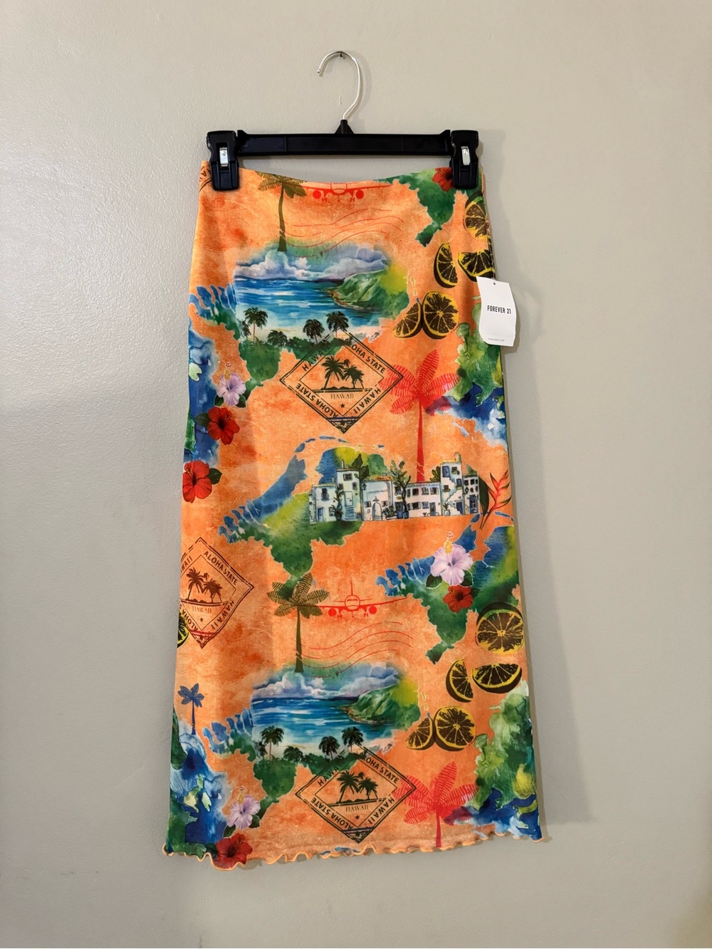 Forever 21 Orange Tropical Print Midi Skirt